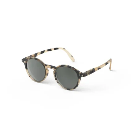 Round tortoiseshell sunglasses with gray lenses, angled view on white background, product image