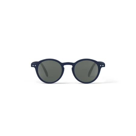 Navy blue round-framed sunglasses with dark lenses on a white background.