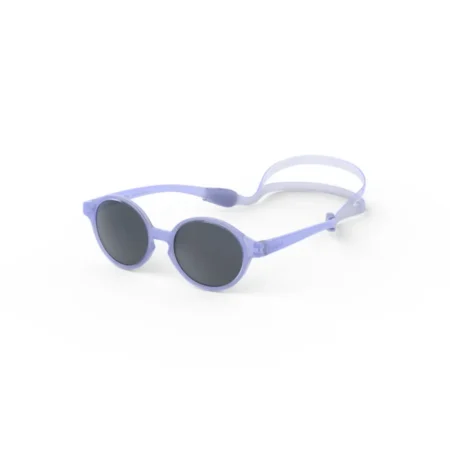 Purple rounded sunglasses with dark lenses on a white background.