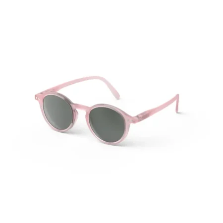 Pink translucent round sunglasses with dark gray lenses on a white background, product photo.