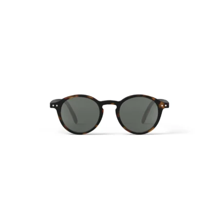 Tortoiseshell round sunglasses with dark lenses on a white background