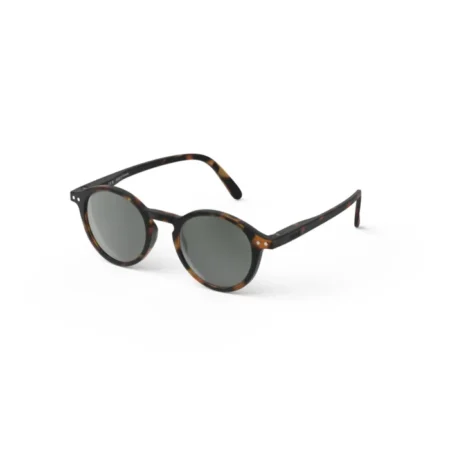 Round tortoiseshell sunglasses with dark gray lenses on a white background, viewed at a slight angle.