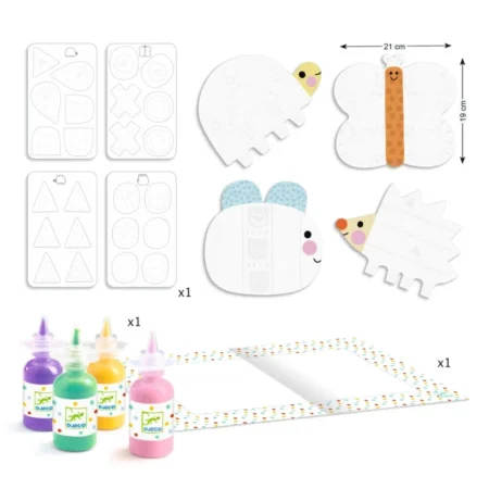Kids craft kit with punch-out animal shapes to assemble (bird, butterfly, hedgehog) and a dotted border sheet; includes four paint bottles (purple, green, yellow, pink) and a paint tray.