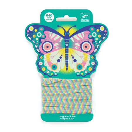 Bright turquoise butterfly-shaped toy packaging with colorful wings and a woven pastel strap; shows size label at bottom: 1.5 m (4.92 ft).