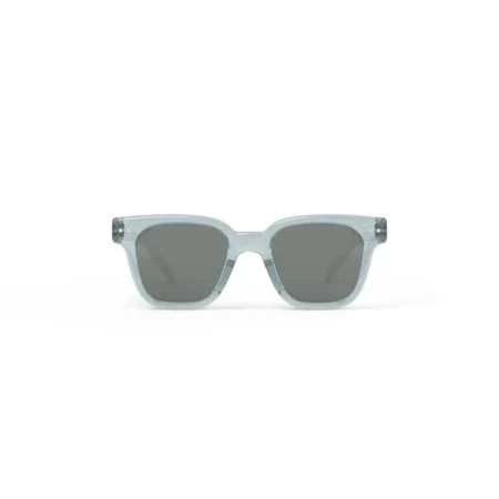 Light blue translucent square-frame sunglasses with dark gray lenses, front view.