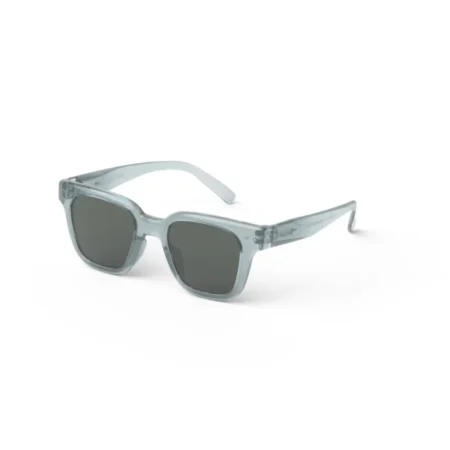 Translucent light-blue rectangular sunglasses with dark lenses, angled view showing frames and arms.