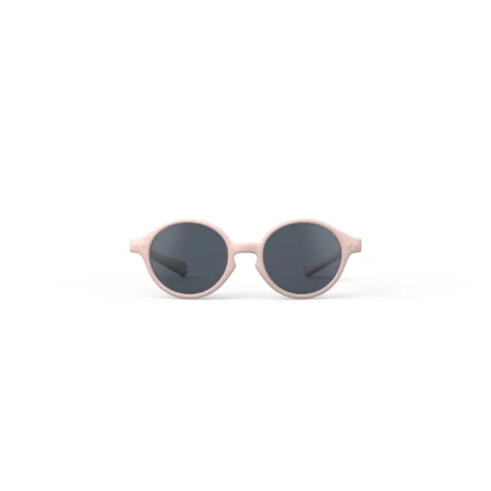 Pink-framed sunglasses with dark round lenses on a white background, product shot.