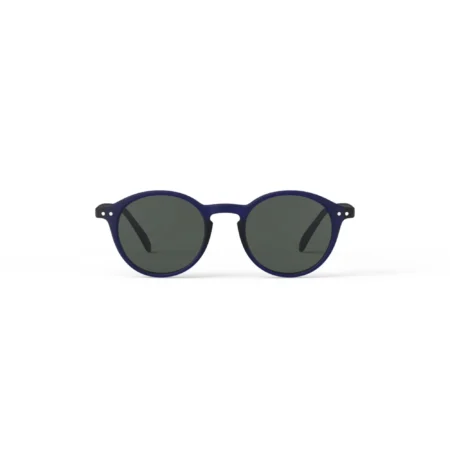Blue-framed sunglasses with dark lenses on a white background.