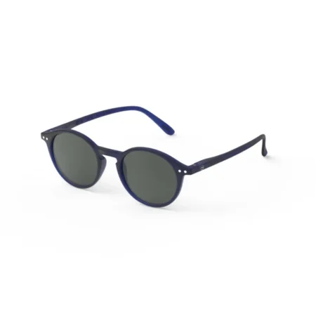 Blue-framed sunglasses with dark gray lenses viewed at a slight angle on a white background