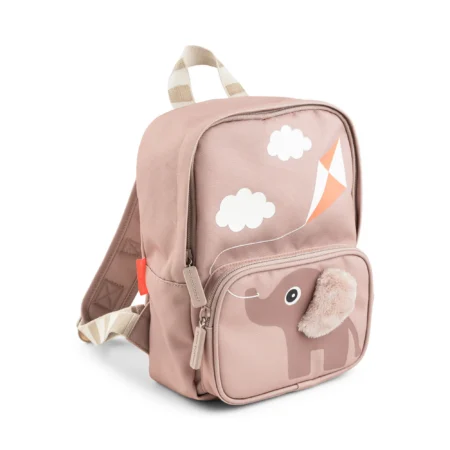 Pink children's backpack with white clouds and orange pennant graphics on the front, striped straps visible