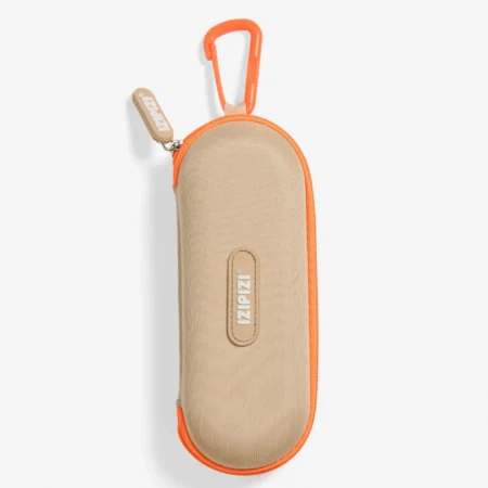 Beige zippered glasses case with orange trim and an orange carabiner clip.