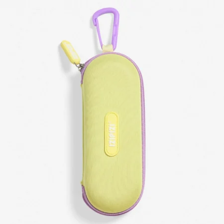 Bright lime-green zippered pencil case with purple zipper and a purple carabiner at the top for attachment.