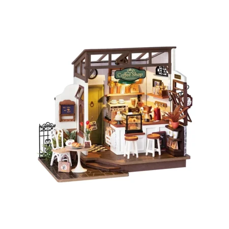Miniature coffee shop playset with a counter, stools, oven, and a small outdoor table on a tiled patio.
