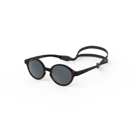 Round sunglasses with a black tortoiseshell frame and dark gray lenses on a white background.