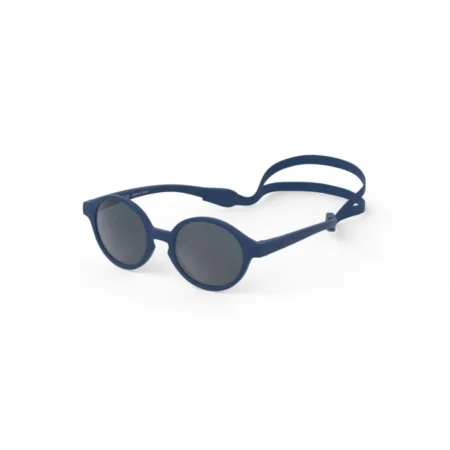 Blue round sunglasses with dark lenses on a white background, featuring a double strap temple design for a secure fit.
