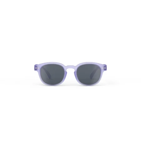 Lavender-framed sunglasses with dark lenses photographed on a white background, accessory product shot