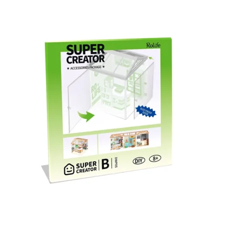 Green gradient box for 'SUPER CREATOR' accessories package featuring a transparent mini build house on the front panel.