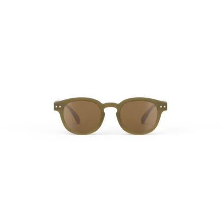 Olive-green sunglasses with brown lenses facing forward on a white background.