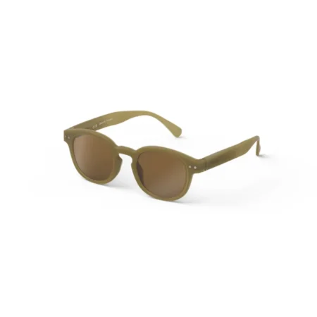 Olive-green sunglasses with rounded brown lenses on a white background. (informative)