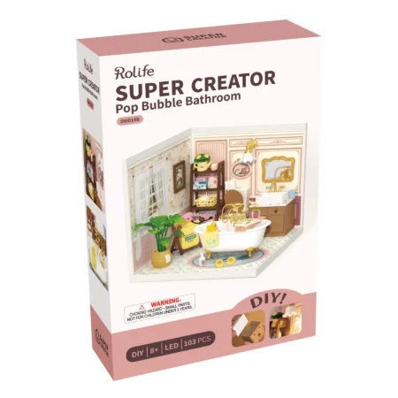 Rolife Super Creator Pop Bubble Bathroom DIY kit packaging in pink and white, showing a detailed miniature bathroom scene inside the box.