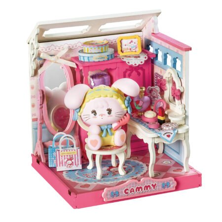 Pastel pink toy vanity playset with a cute bunny figure seated on a stool among pretend makeup and accessories