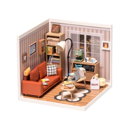 Miniature living room scene with an orange sofa, striped wallpaper, and wooden floor cluttered with books and snacks.
