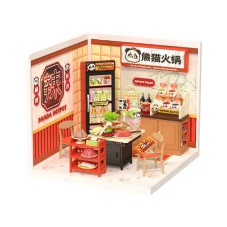 Miniature panda hotpot restaurant diorama with stove, table, chairs, and food props on display shelves in red-and-wood decor