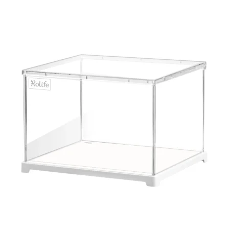 Clear acrylic display case with a metal frame and white base, empty, featuring a small Rolife logo on the side.