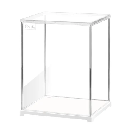 Clear glass display cabinet with a chrome metal frame and white base; Rolife branding visible on the side.
