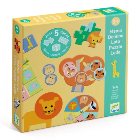 Colorful kids' game box featuring animal illustrations and puzzle pieces, labeled Memo, Domino, Loto, Puzzle, Ludo for ages 3+, Djeco.