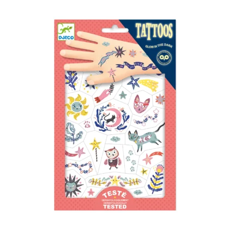 Sheet of colorful sea-themed tattoo stickers on pink packaging, DJECO brand logo visible.