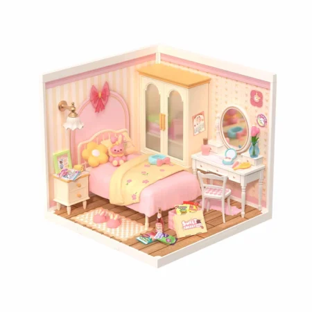 Miniature pink girl's bedroom inside a dollhouse with bed, wardrobe, and vanity mirrors.