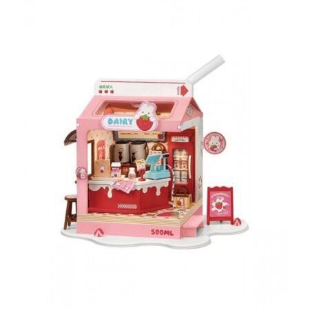 Pink strawberry-themed toy bakery playset with a white rolling pin and storefront window, showing a counter, shelves, and pretend bakery items inside."