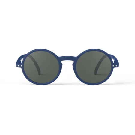 Blue round sunglasses with dark lenses on a white background, facing front.