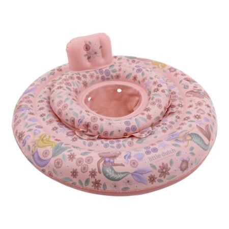 Pink mermaid-themed inflatable pool float for children with a built-in backrest and floral details.