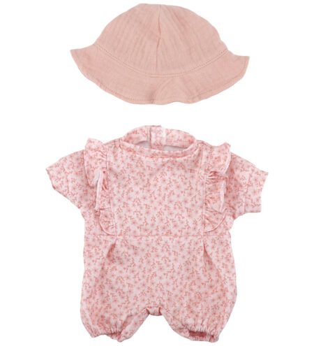 Pink baby sunhat paired with a pink floral romper featuring ruffled sleeves and elastic hems, set on white background.