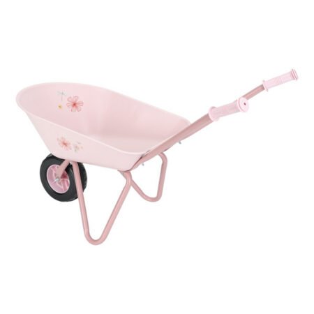 Pink children's toy wheelbarrow with a single black wheel and pink handle, decorated with butterflies on the tub
