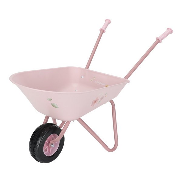 i Pink plastic toy wheelbarrow for children with black wheel and two pink handles, ideal for garden play.