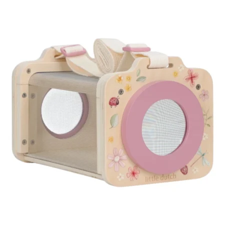 Wooden toy camera with pink ring lens and floral decorations, pastel colors, Little Dutch brand, strapped for carrying.