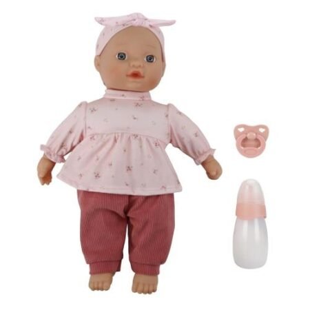Baby doll wearing a pink patterned top and red pants with a matching headband, plus a baby bottle and pacifier.