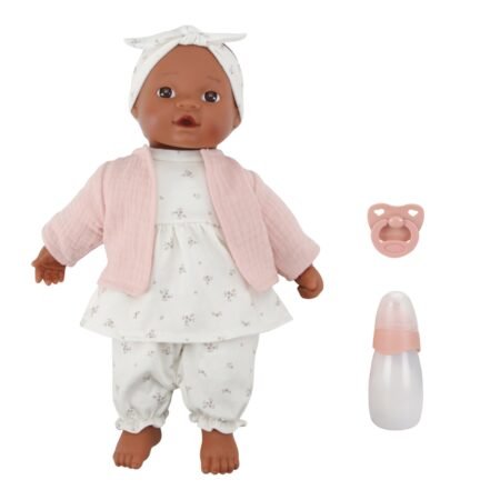 Baby doll dressed in a pink cardigan and white floral outfit with a headband, plus a pacifier and a baby bottle beside her.
