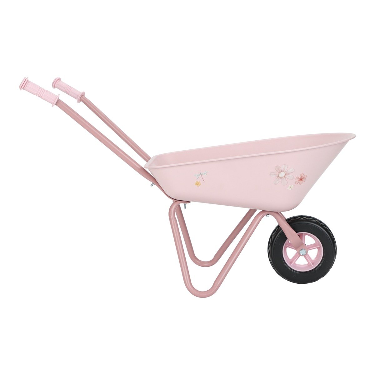 image_34551 Pink children's toy wheelbarrow with floral decals and a black wheel, shown from the side with two pink handles and a metal frame