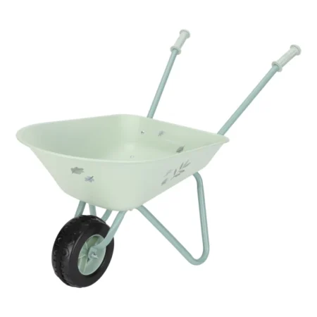 Mint-green wheelbarrow with a single black tire, two light blue handles, and a metal frame.