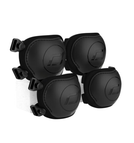 Set of four black circular ear cushions with mounting clips and a white block behind them (replacement pads).