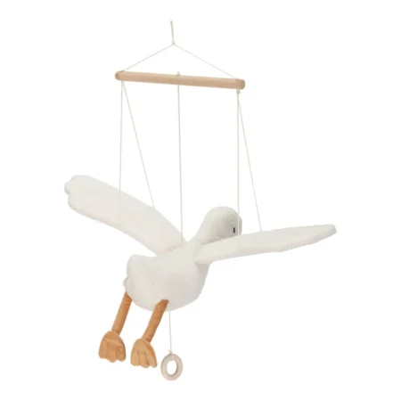 White plush seagull mobile with wooden bar, hanging by strings as a decorative baby toy.