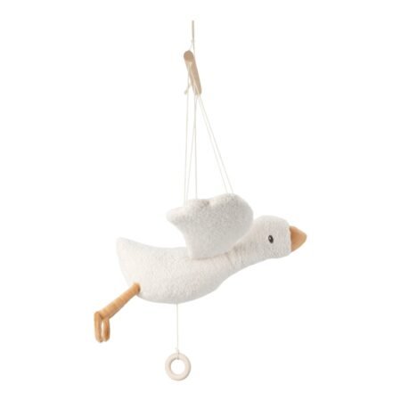 Soft white plush bird hanging from strings with a small circular ring at the bottom.