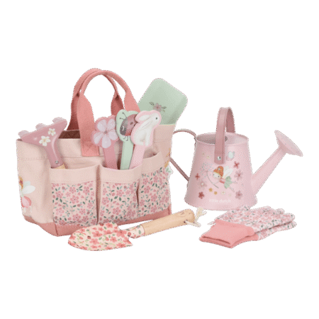 Pink kids' gardening toy set with a floral tote bag, watering can, gloves, and small tools (rake, trowel).