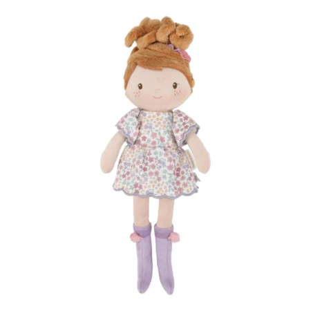 Plush toy doll with brown hair in buns, wearing a pastel floral dress and purple socks.