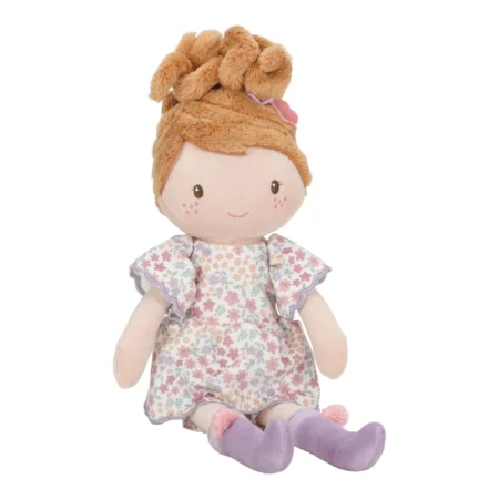 Soft plush doll with orange curly hair, a pastel floral dress, and purple socks, sitting upright.
