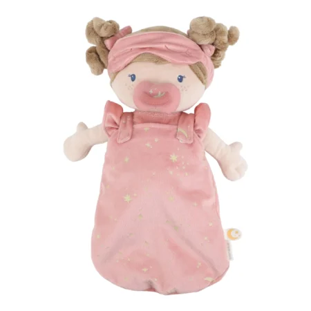 Soft pink plush doll wearing a star-patterned gown and a pink headband, with a pink pacifier in its mouth and brown yarn hair in buns.